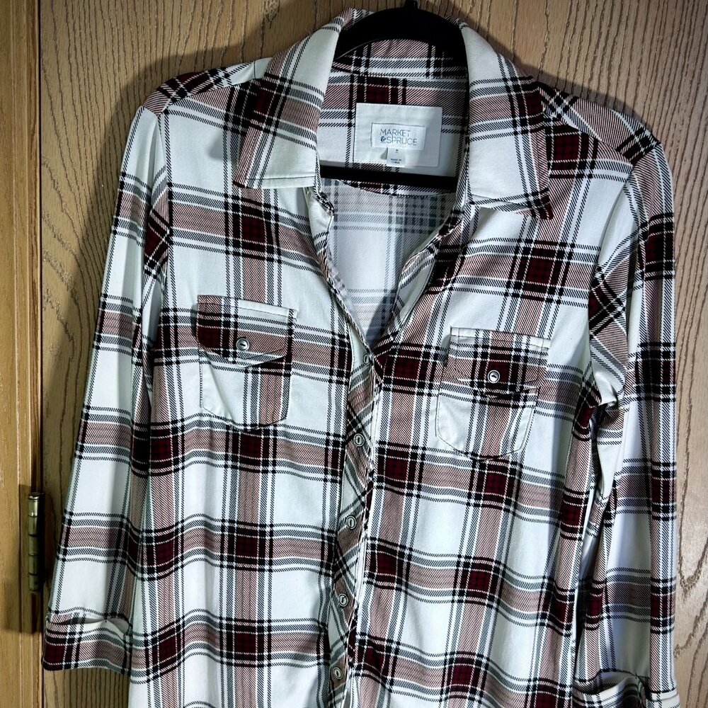 Market & Spruce Balsman Womens Plaid Button Down 3/4 Sleeve Knit Top Size Medium